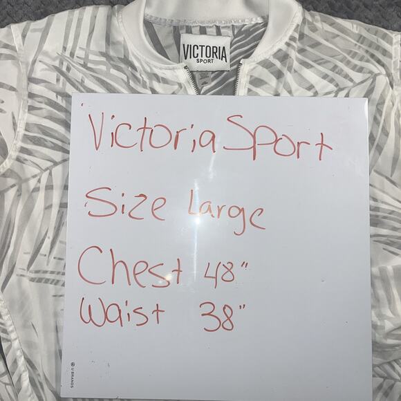 VICTORIA Secret Gauzy White Sport Zip Up Palm Leaf Pattern Long Sleeve Top Large - Picture 5 of 6